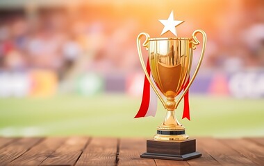 champion golden trophy placed on wooden table
