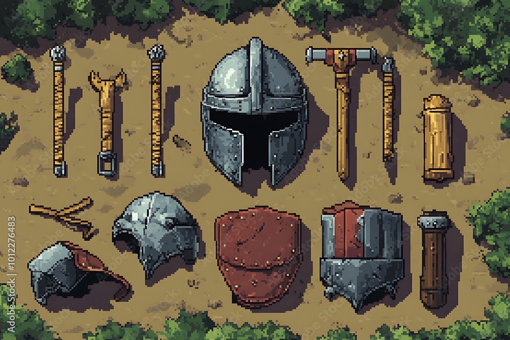 Poster pixel art medieval weapons and armor set for game development