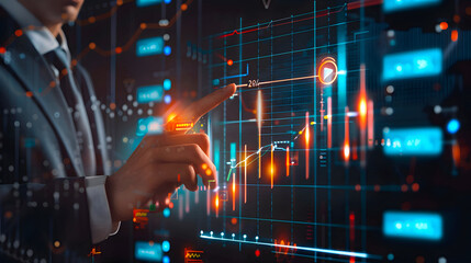 Businessman analyses financial data on a futuristic digital interface