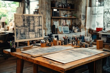 A wooden table in an art studio with two unfolded blueprints, multiple drawing utensils and a laptop in the background.