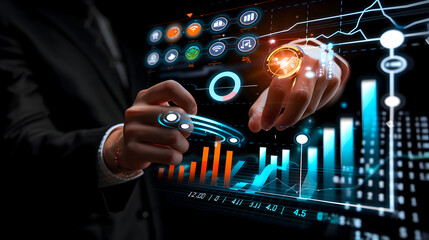 Businessman analyses financial data on a futuristic digital interface