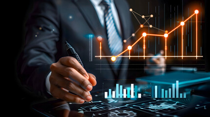 Businessman analyses financial data on a futuristic digital interface