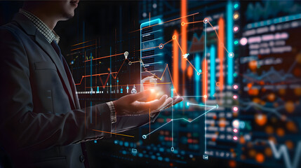 Businessman analyses financial data on a futuristic digital interface