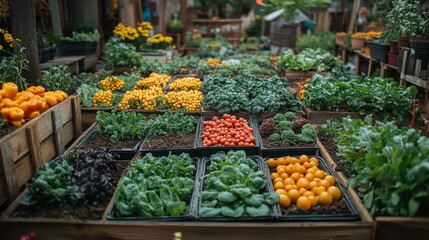 A variety of vegetables and herbs are grown in raised beds in a garden.