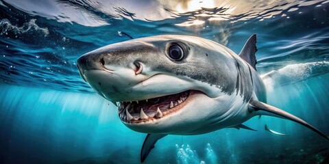 Naklejka premium Intense Close-Up of Great White Shark Eyes Capturing the Power and Beauty of Ocean Predators