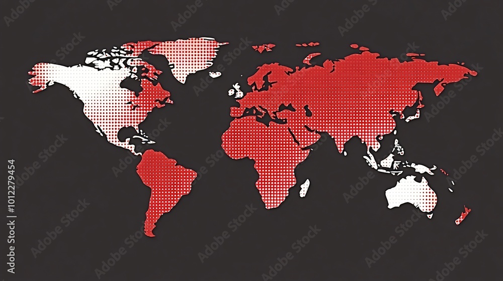 Poster conceptual illustration of a world map with continents filled with a halftone pattern, representing 