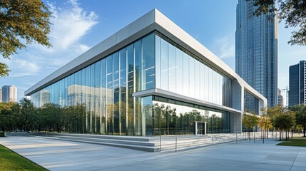 Obraz premium Futuristic urban building made of glass, concrete, and metal, with large glass panels reflecting the surrounding cityscape, sleek concrete walls, and metal frames accentuating the structure.