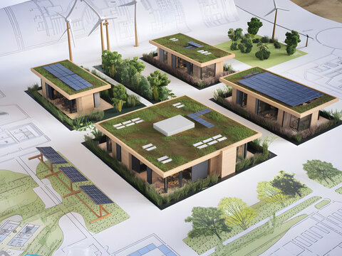 Planos sostenibles con m&uacute;ltiples edificios con techos verdes y paneles solares
