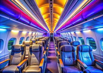 Naklejka premium Interior view of a modern airplane showcasing passenger seats, overhead bins, and cabin lighting