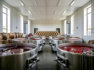 El interior de una bodega con grandes cubas de acero inoxidable llenas de vino tinto 