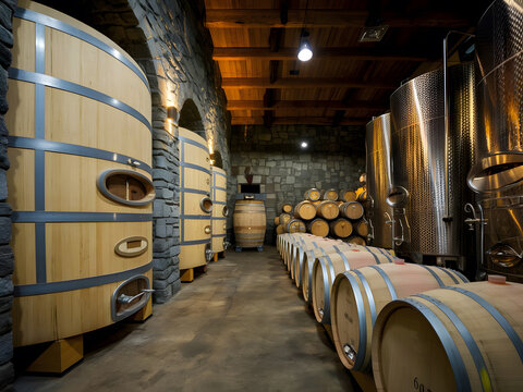 El interior de una bodega con grandes barricas de roble llenas de vino
