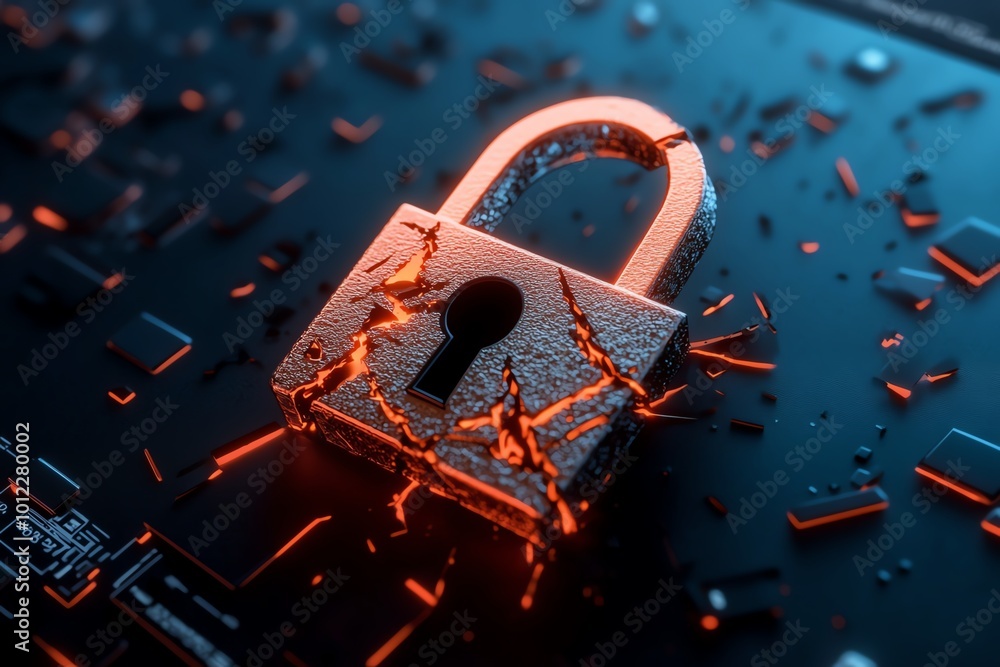 Aufkleber A giant lock symbol on a computer screen cracking apart, representing the failure of security measures during a major data breach