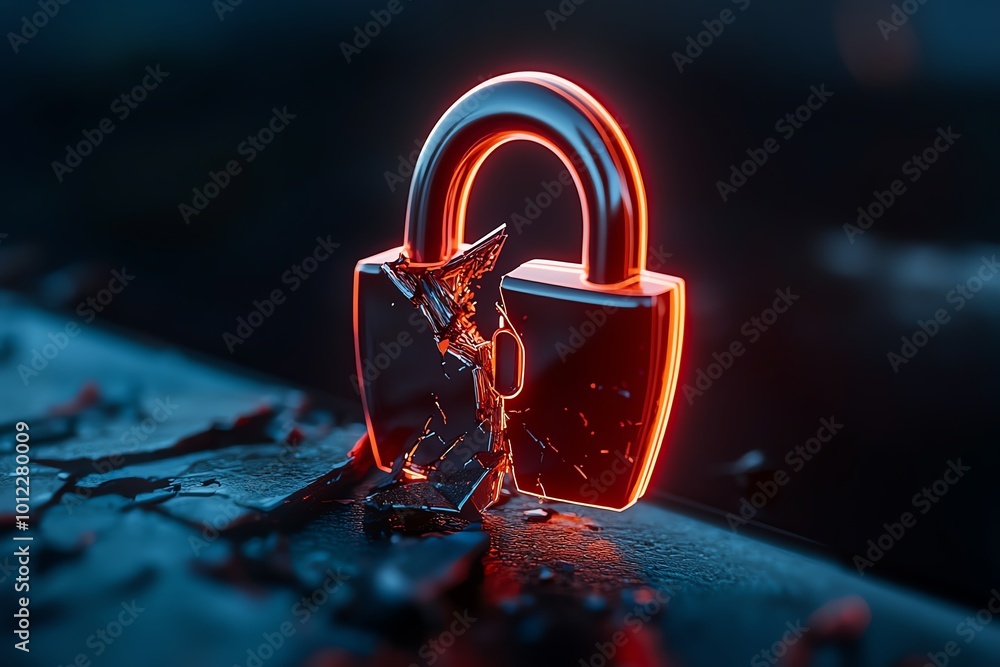 Poster a giant lock symbol on a computer screen cracking apart, representing the failure of security measur