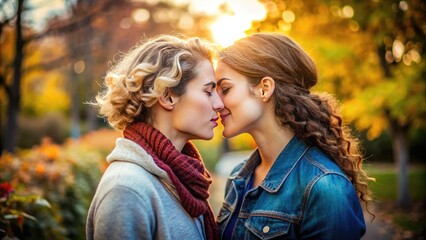 Fototapeta premium Intimate Moment Between Two Friends Sharing a Kiss in a Romantic and Playful Setting Outdoors