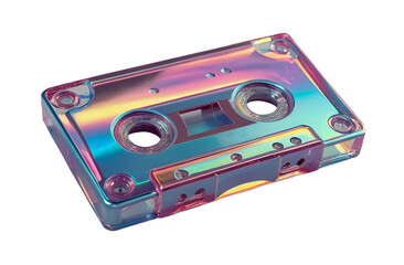 3D chrome element in Y2K style, isolated background, liquid holographic metal. Colorful rainbow cassette tape made of a shiny, reflective material.