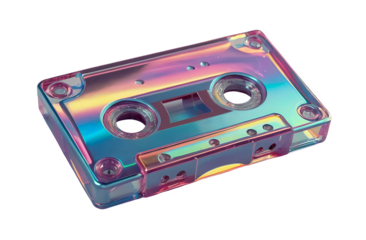3D chrome element in Y2K style, isolated background, liquid holographic metal. Colorful rainbow cassette tape made of a shiny, reflective material.