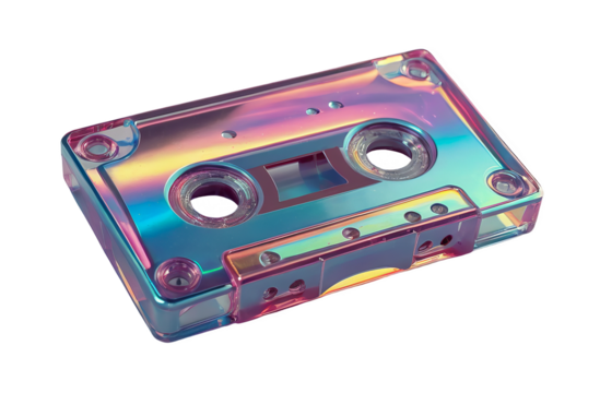 3D chrome element in Y2K style, isolated background, liquid holographic metal. Colorful rainbow cassette tape made of a shiny, reflective material.