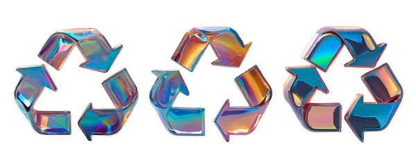 3D chrome element in Y2K style, isolated background, liquid holographic metal. Three arrows forming a circle, symbol of recycling, shiny mirror surface.