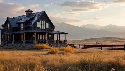 Scenic Ranch House with Horse at Sunset in Remote Countryside