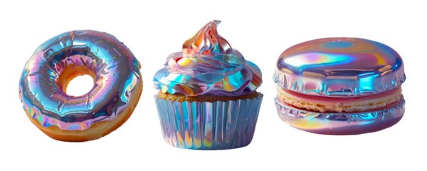3D chrome element in Y2K style, isolated background, liquid holographic metal. Donut, cupcake and a cookie are decorated with glitter, shiny mirror surface.