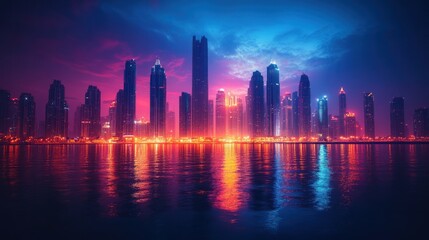 Fototapeta premium A vibrant city skyline at dusk with skyscrapers reflected in the water.