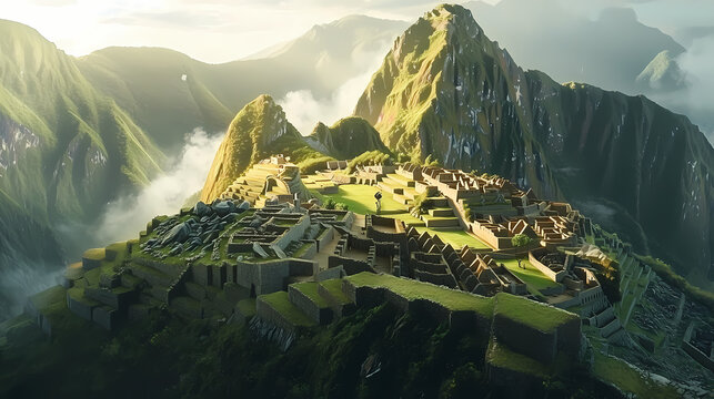 Awe-inspiring view of majestic machu picchu - the lost city of the incas at sunrise. Incan Empire. Illustration