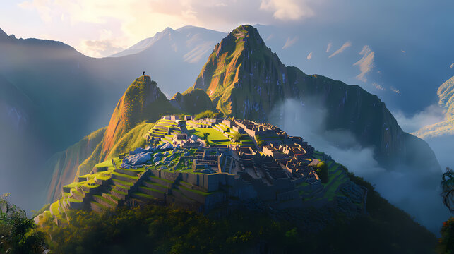 Awe-inspiring view of majestic machu picchu - the lost city of the incas at sunrise. Incan Empire. Illustration