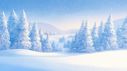 Christmas wonderland, glowing snow-covered trees, twinkling lights, magical night sky, watercolor