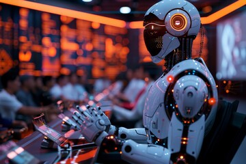 A robot lecturer engages an enthusiastic audience with scientific achievements in a grand auditorium