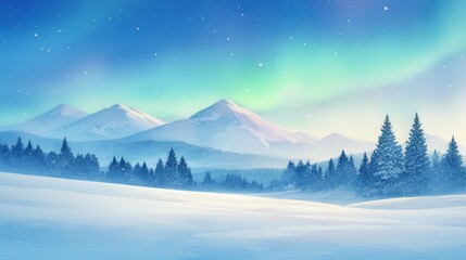 Dreamy Christmas landscape, aurora borealis lighting up the snowy sky, magical atmosphere, watercolor