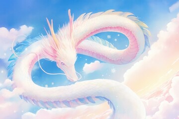 Floating ice dragon curling through the sky, surrounded by twinkling snowflakes, watercolor