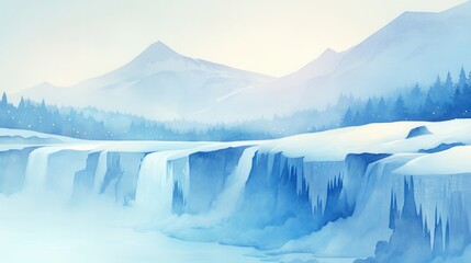 Frozen waterfall cascading over ice, illuminated by distant Christmas lights, watercolor style, watercolor illustration