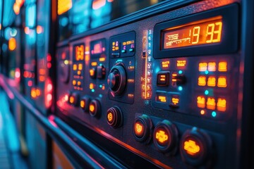 Obraz premium Close-up of a vintage-style control panel with buttons and knobs, illuminated in neon blue and red.