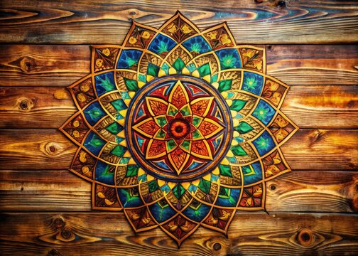 Intricate Design of an Esvastica Symbol on a Rustic Wooden Background with Elegant Patterns