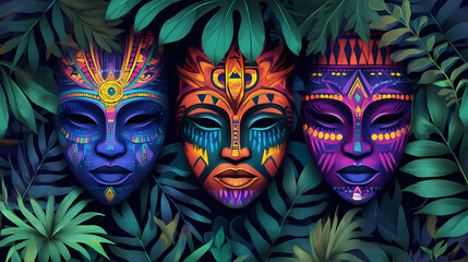 Colorful tribal masks with vibrant patterns and leafy backdrop. African Tribal Ceremony. Illustration