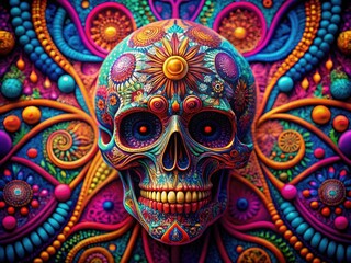 Obraz premium Intricate Digital Skull Design with Geometric Patterns and Vivid Colors for Creative Projects