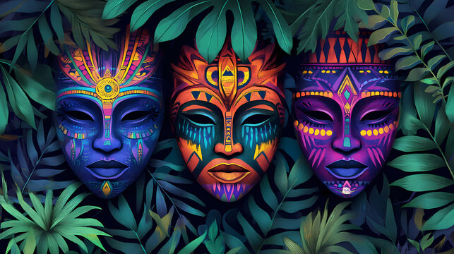 Colorful tribal masks with vibrant patterns and leafy backdrop. African Tribal Ceremony. Illustration