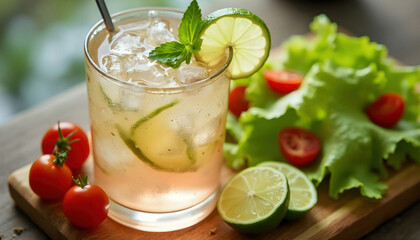Fototapeta premium A refreshing glass of probiotic soda with ice and a slice of lemon, garnished with fresh mint, perfect for a healthy and invigorating drink on a warm day.