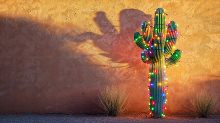 a saguaro cactus with Christmas lights in front of an adobe wall at sunset