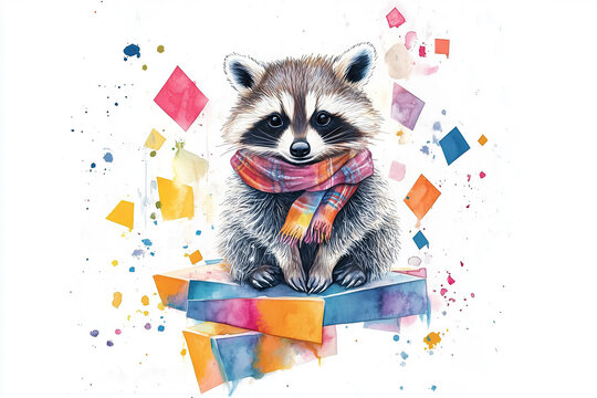 Waschb&auml;r mit Schal sitzt auf einem Fels aus geometrischen Formen &ndash; Fr&ouml;hliche Aquarellkunst f&uuml;r zu Hause