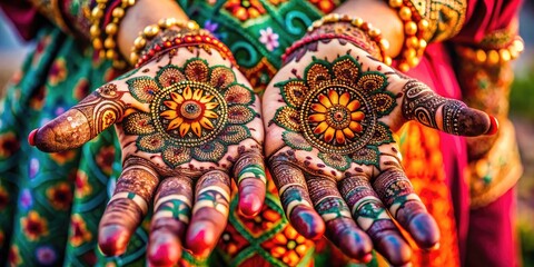Naklejka premium Intricate Henna Flower Designs on Hands with Beautiful Patterns for Cultural and Artistic Celebrations