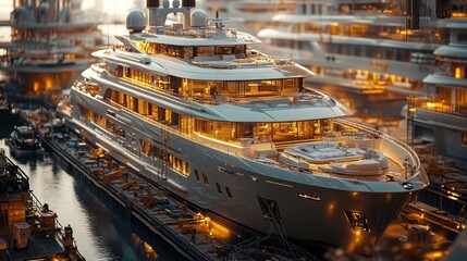 A large luxury yacht docked at a marina, with other yachts in the background. The yacht is lit up with warm, golden lights, creating a sense of opulence and grandeur.