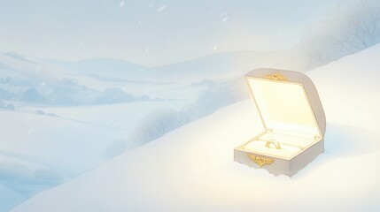 A glowing, antique ring box resting in the snow