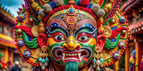 Obraz premium Intricately Designed Asian Mask Showcasing Traditional Artistry and Cultural Significance in Detail