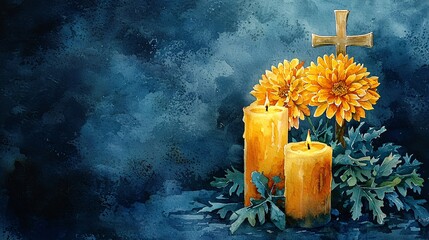 Composition with Yellow chrysanthemums , candles and cross in soft glow of burning flame on dark blue background. Watercolour illustration for All Saints Day, All Souls Day, memorials and funerals