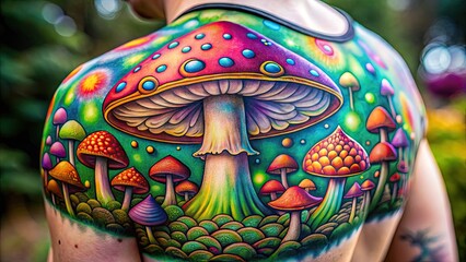 Intricate Magic Mushroom Tattoo Design Featuring Vibrant Colors and Unique Patterns on Skin