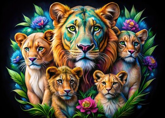 Intricate Mama Lion and Three Cubs Tattoo Design Symbolizing Strength, Family, and Protection