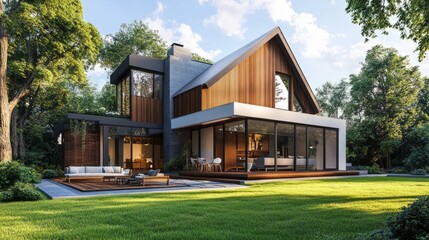 Obraz premium Contemporary house exterior with wooden accents, lawn, and outdoor seating area. generative ai