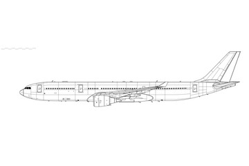 Airbus A330-300. Vector drawing of wide-body airliner. Side view. Image for illustration and infographics.