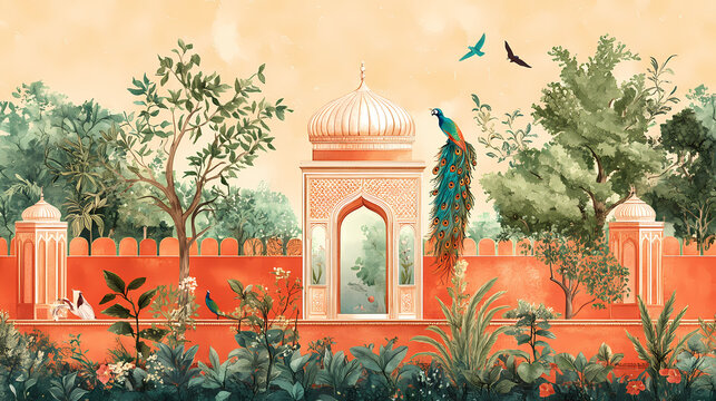 Illustration of a mughal garden with peacocks, parrots, plants, and trees, featuring a botanical landscape pattern. Ottoman Palace. Illustration